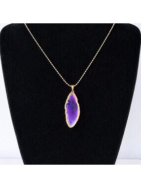 Purple Agate Slice Pendant Necklace with Gold Chain